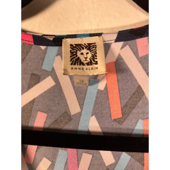 Anne Klein 16 Faux Wrap Dress Long Sleeve Multi-Color Work Wear 80's Vibes Party - Picture 2 of 8